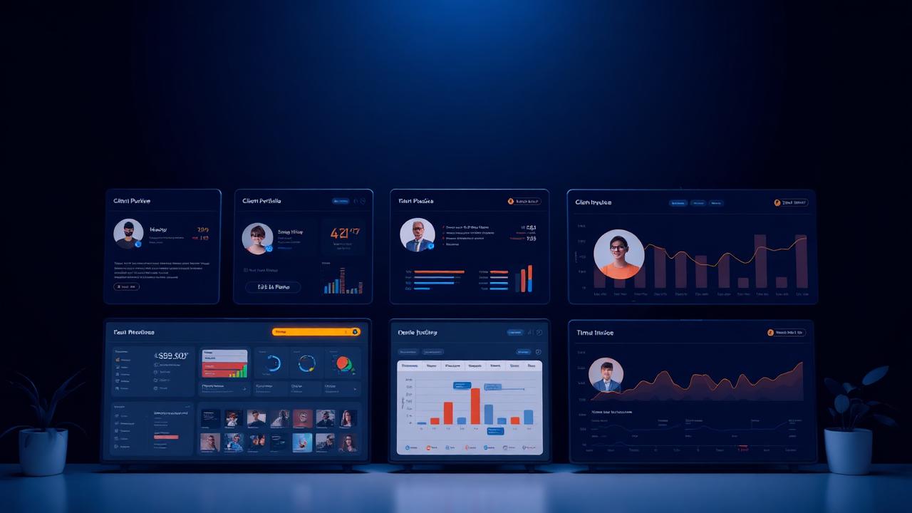 Professional practice dashboard with client portfolio and billing views